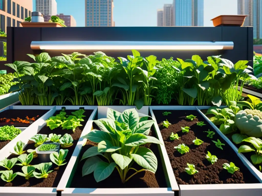 Acuaponía y compostaje en agricultura urbana: un oasis sostenible con tilapia, vegetales verdes y compostaje en la bulliciosa ciudad