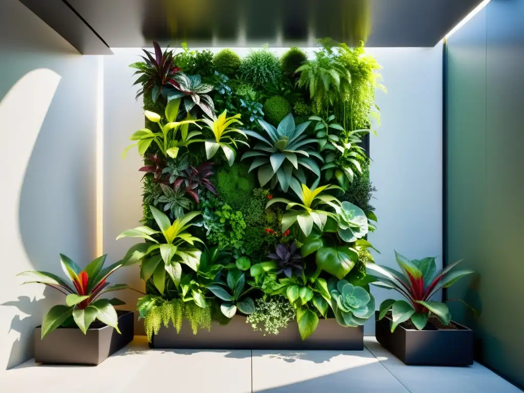 Compostaje en huerto vertical: un jardín exuberante y vibrante, con la luz solar filtrándose entre las hojas verdes