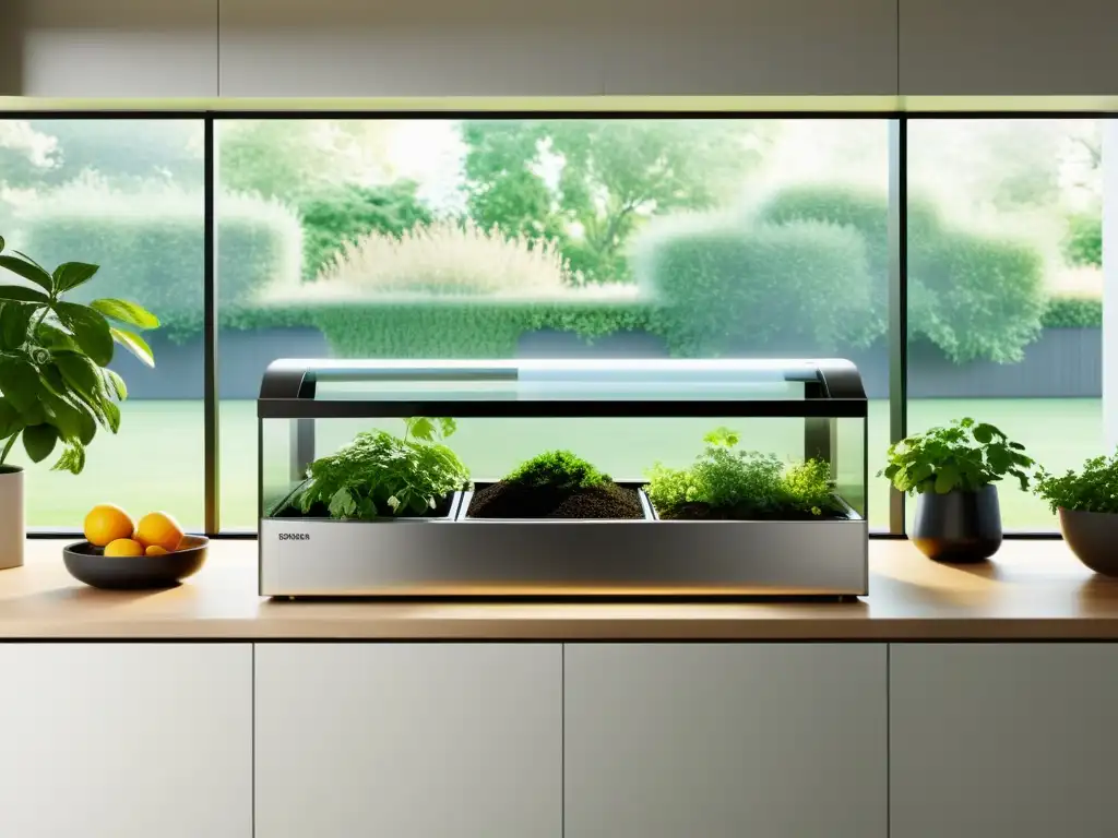 Compostaje urbano eficiente y estético: sistema moderno de compostaje en cocina luminosa con diseño minimalista y plantas decorativas