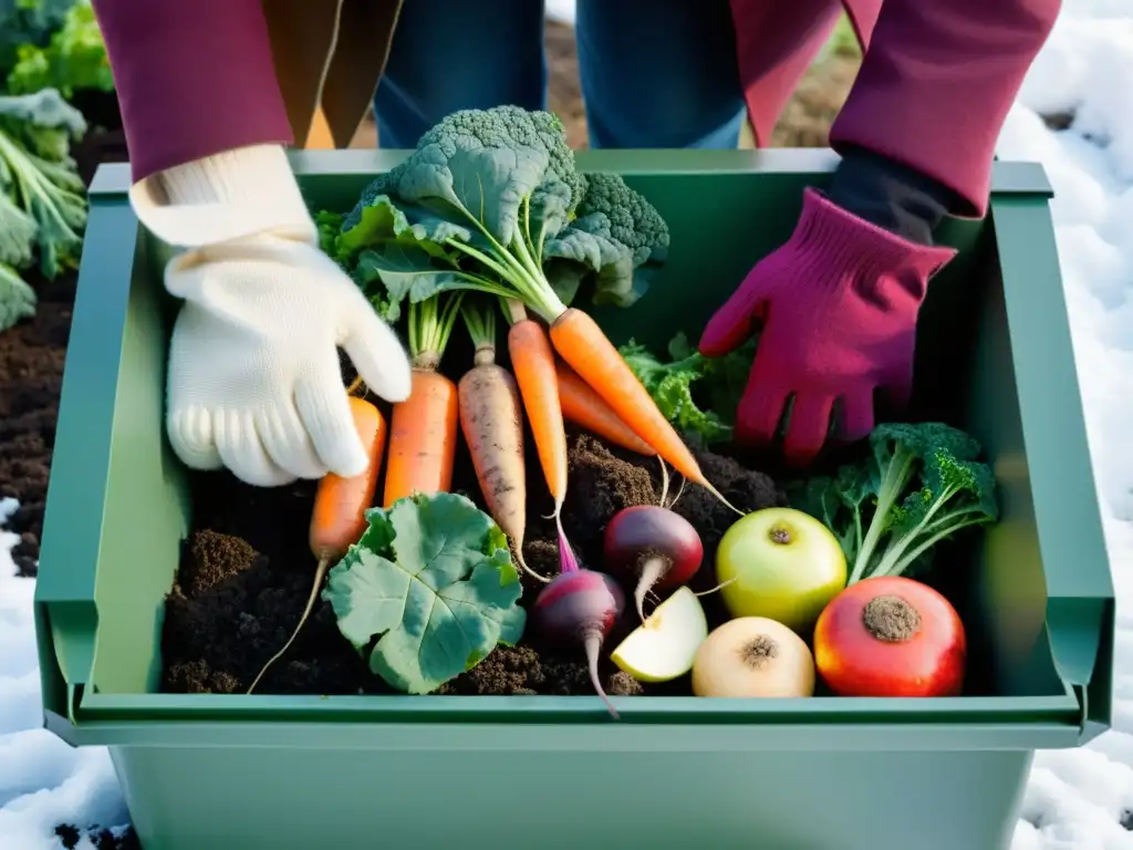 Un compostaje urbano de invierno con frutas y verduras variadas en un contenedor, mostrando el proceso de reciclaje orgánico