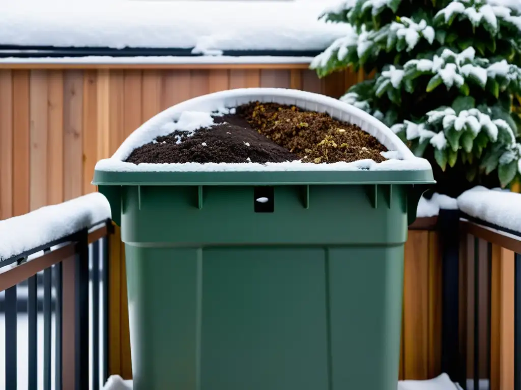 Compostaje urbano en invierno: bin moderno en balcón nevado, fomentando la sostenibilidad