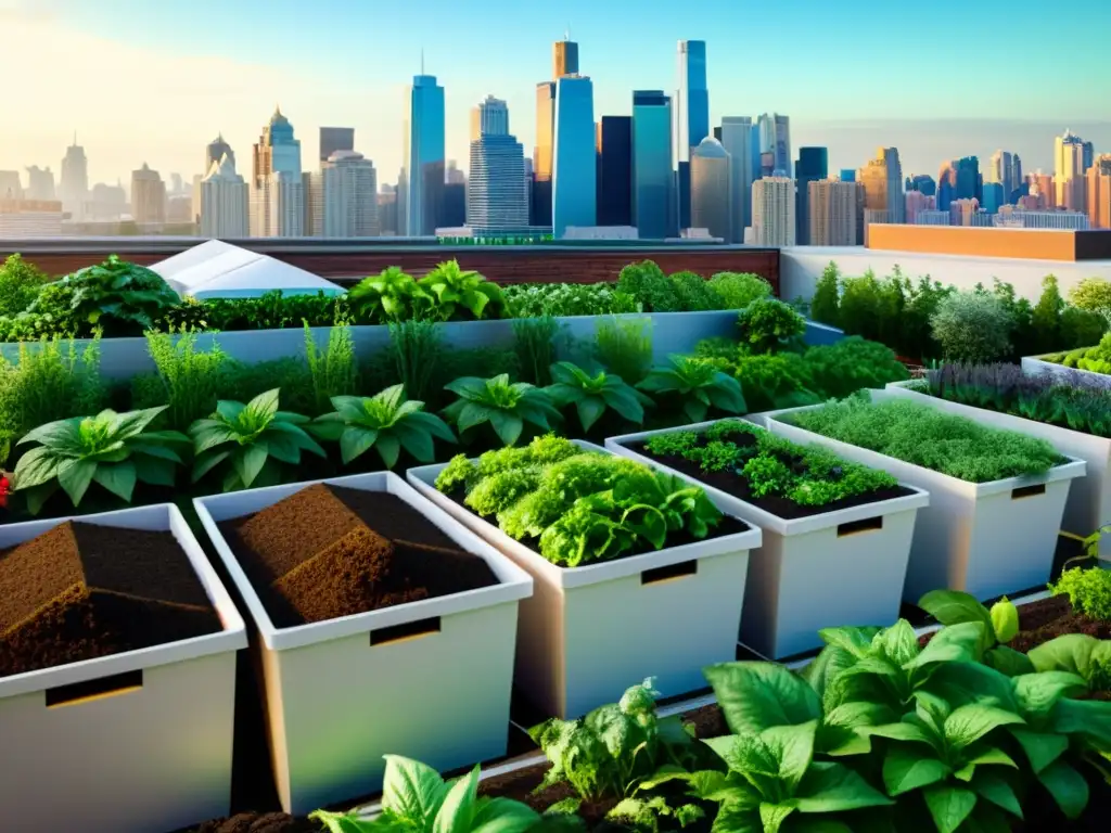 Compostaje urbano con permacultura: oasis sostenible en la azotea de la ciudad, vegetales vibrantes y skyline de fondo