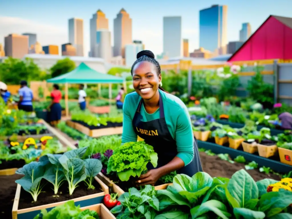 Una comunidad africana colaborativa cuida un huerto urbano, reflejando el impacto social en ciudades africanas