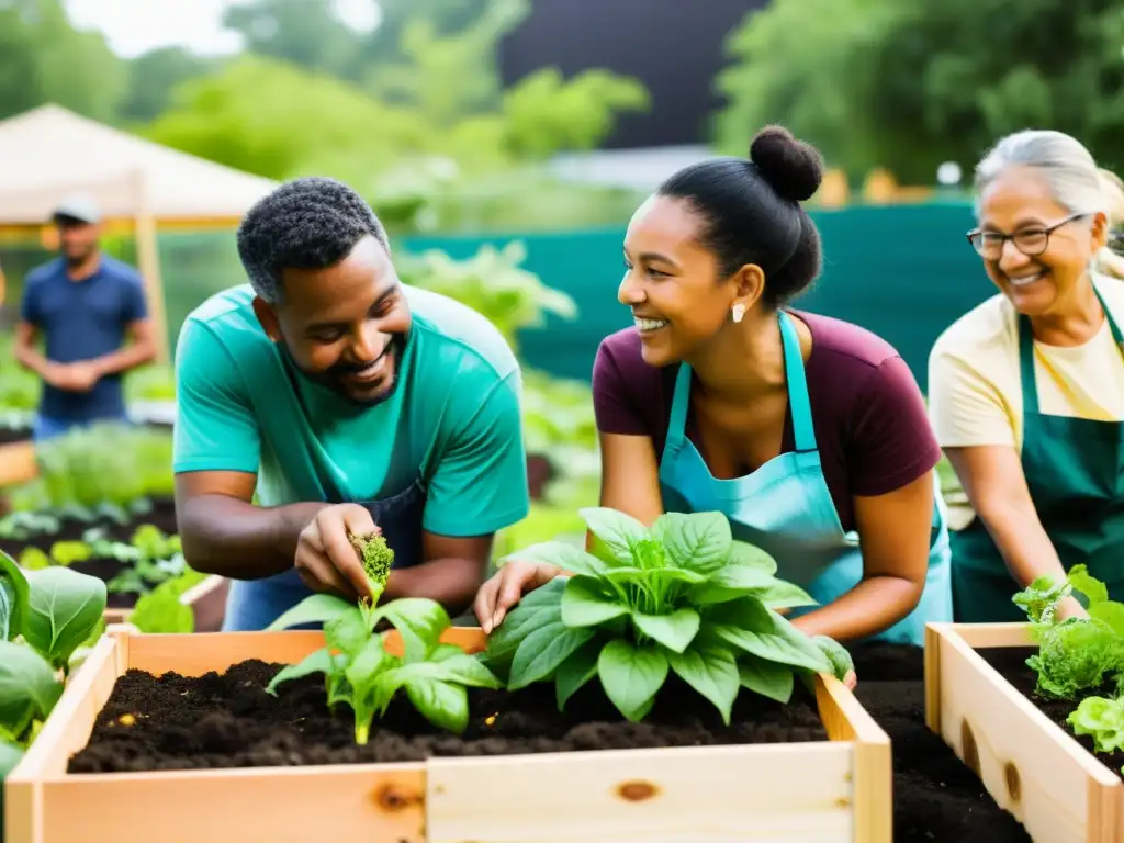 Comunidad diversa participa en evento de agricultura urbana, sensibilizando sobre sostenibilidad en un jardín urbano vibrante