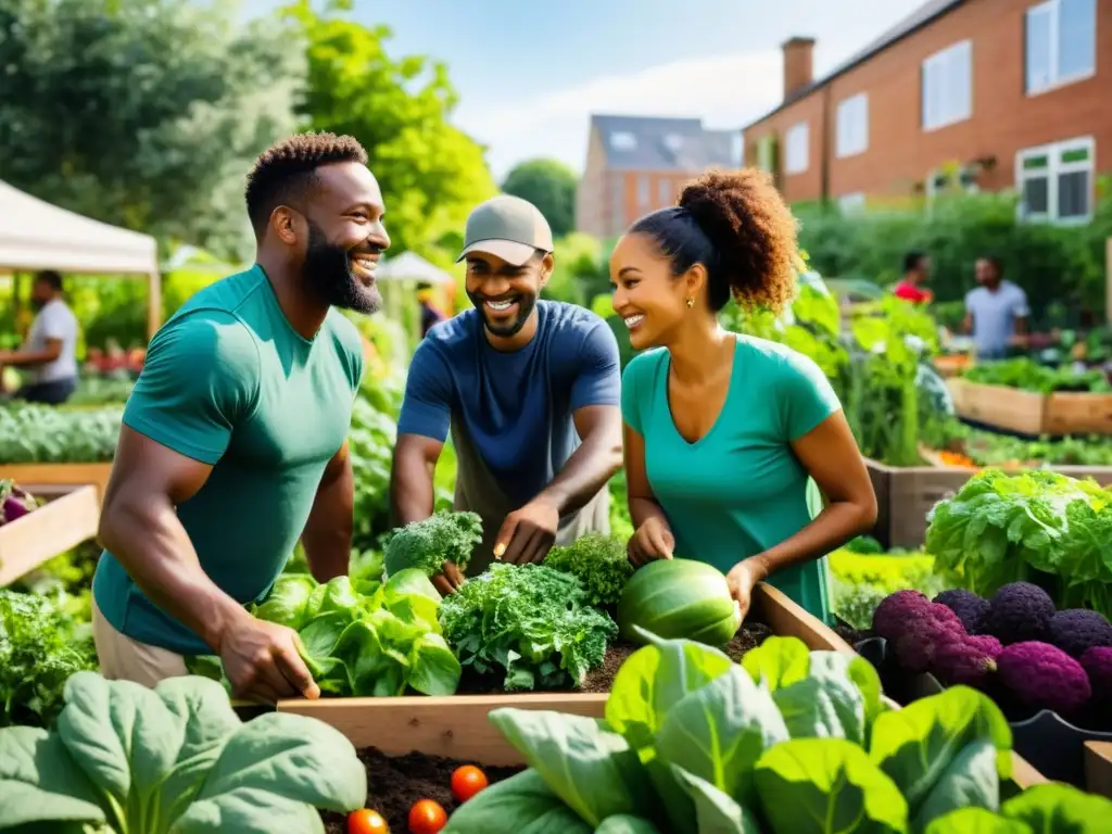 Una comunidad diversa colabora en un exuberante jardín urbano, con verduras coloridas y la integración de agricultura urbana desarrollo comunitario