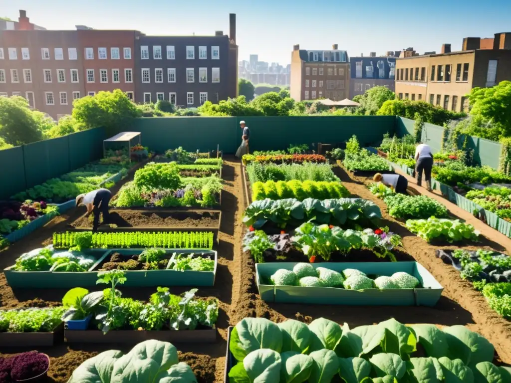 Una comunidad diversa cultiva frutas y verduras en un jardín urbano durante la guerra, mostrando resiliencia y determinación