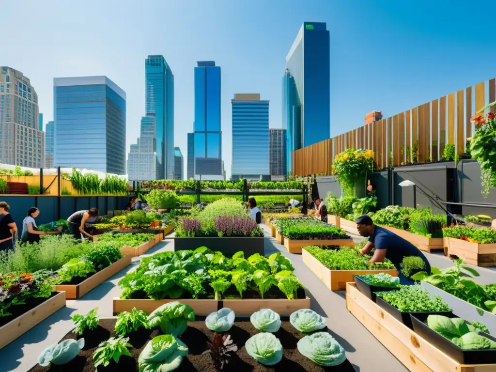 Comunidad diversa cultiva huerto urbano en azotea