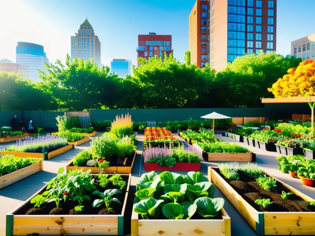 Una comunidad diversa cuidando un huerto urbano vibrante, aprovechando subvenciones para crear un oasis en la ciudad