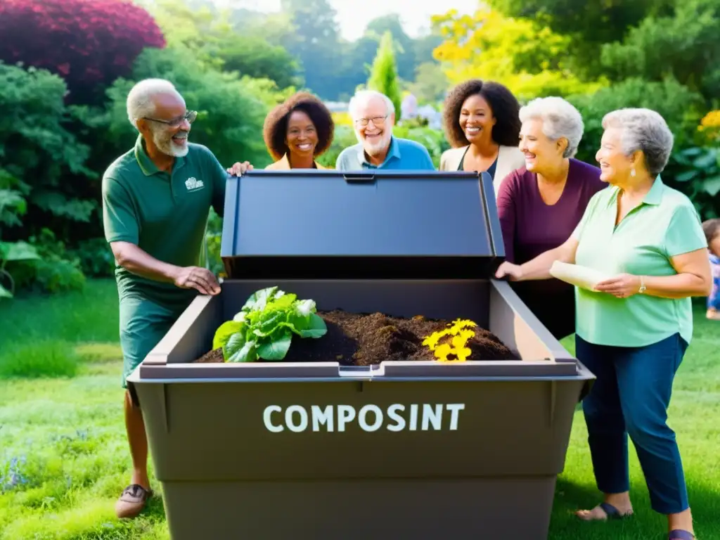 Comunidad diversa involucrada en proyecto de compostaje colectivo en jardín vibrante