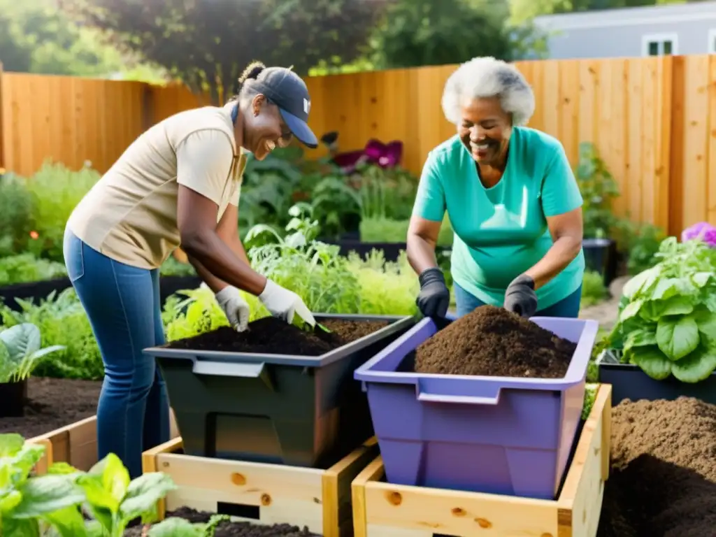 Comunidad diversa involucrada en proyectos de compostaje colectivo en un jardín urbano, transmitiendo unidad y entusiasmo