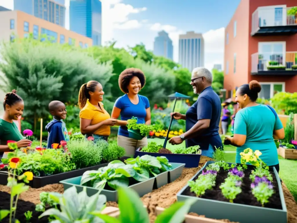 Comunidad diversa cuidando jardín urbano