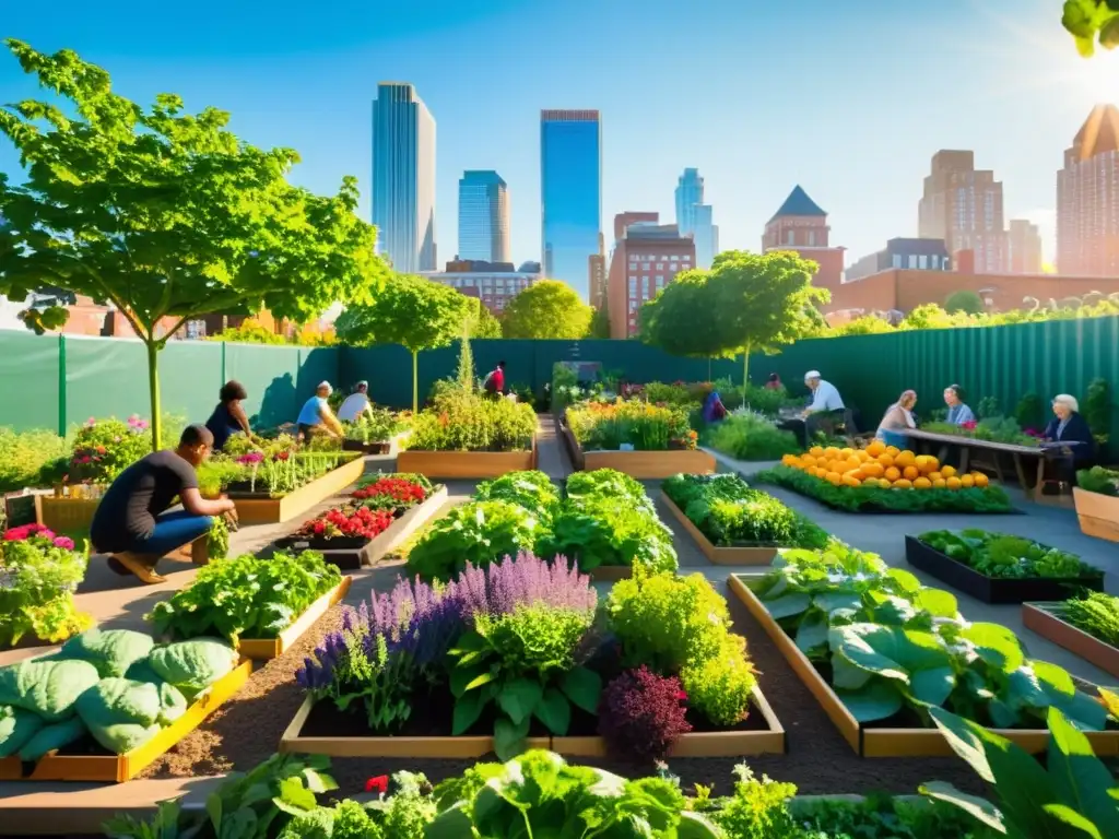 Una comunidad diversa cultiva un vibrante jardín urbano, mostrando la inclusividad y el potencial de la agricultura urbana en la comunidad marginada