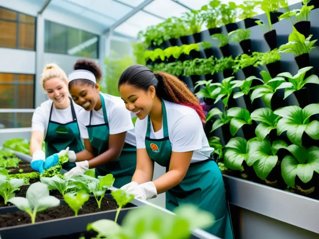 Comunidad educativa huertos verticales: Estudiantes diversificados plantan con entusiasmo en jardín vertical moderno, mientras instructor guía y anima