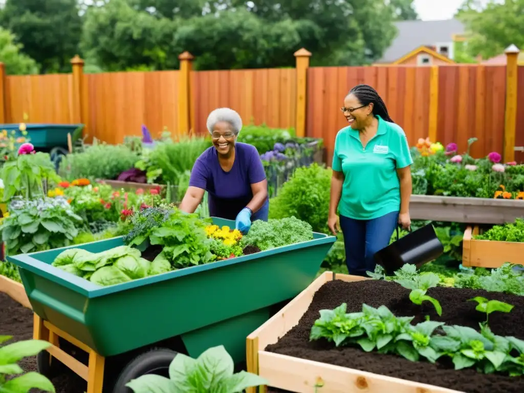 Comunidad involucrada en proyectos de compostaje colectivo en jardín urbano vibrante