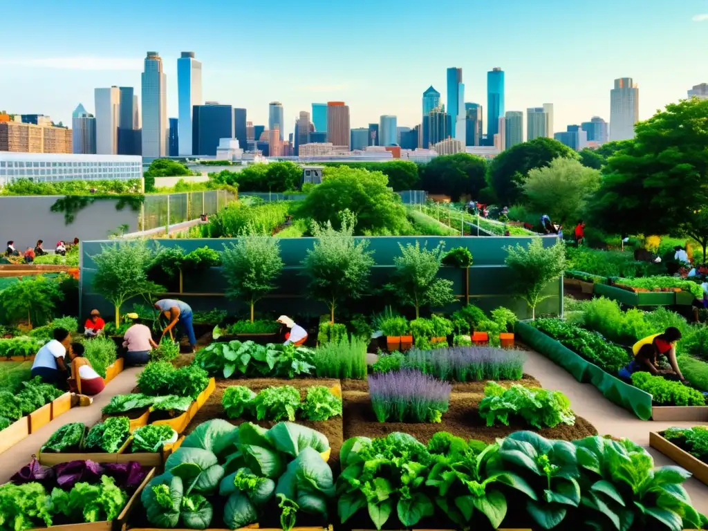 Comunidad participa en taller de agricultura urbana en jardín de la ciudad, simbolizando la colaboración en la sostenibilidad