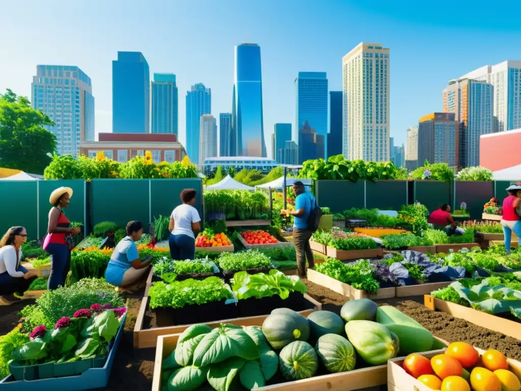 Comunidad participando en talleres de agricultura urbana en un vibrante jardín comunitario de una ciudad moderna