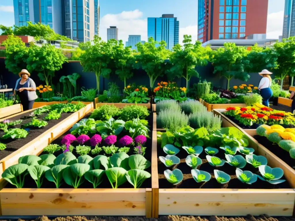 Una comunidad unida cultiva un vibrante jardín urbano con verduras y flores