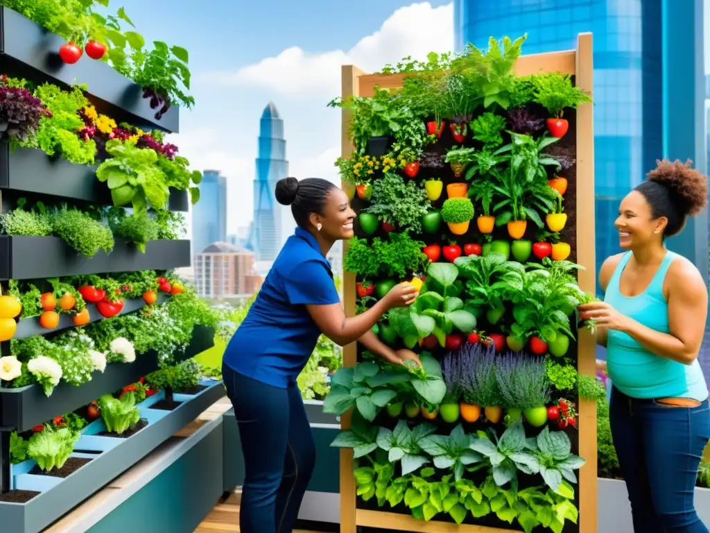 Comunidad urbana cosecha huertos verticales, integrando naturaleza y vida urbana