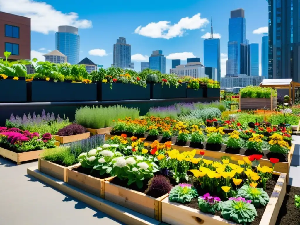 Una comunidad vibrante y bulliciosa en un huerto urbano vertical, con flores coloridas, frutas y verduras