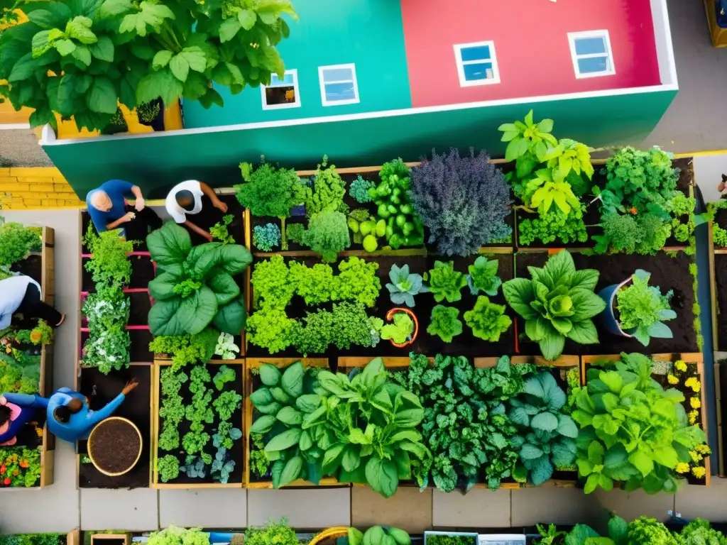 Una comunidad vibrante cultiva un jardín urbano, colaborando en la siembra y cuidado de frutas y verduras