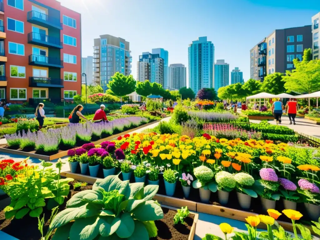 Una comunidad vibrante y moderna con huertos urbanos coloridos, llenos de plantas exuberantes y flores vibrantes