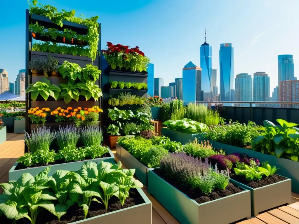 Un jardín comunitario con huertos verticales para agricultura urbana, contrastando con el horizonte de rascacielos en una ciudad moderna y vibrante