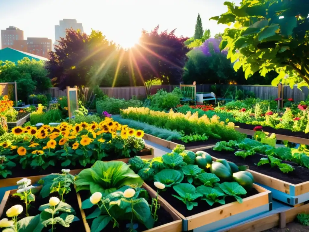 Un jardín comunitario urbano rebosante de vida y color, cultivando alimentos orgánicos