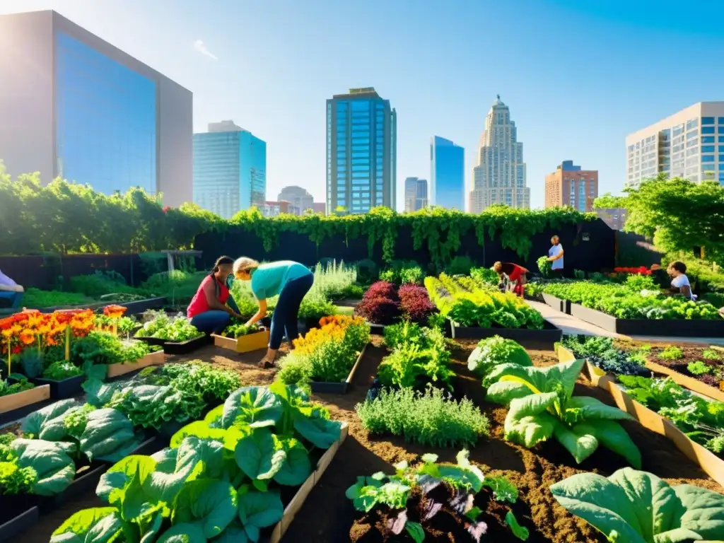 Un jardín comunitario urbano rebosante de vida y color, donde personas diversas trabajan juntas para cuidar y compartir la cosecha