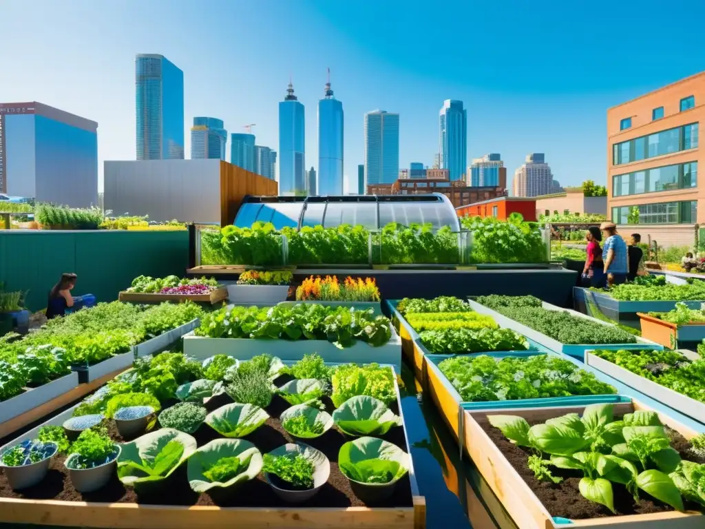 Jardín comunitario urbano vibrante con agricultura inclusiva, comunidad marginada, vegetales, frutas, hierbas, acuaponía y edificios urbanos al fondo