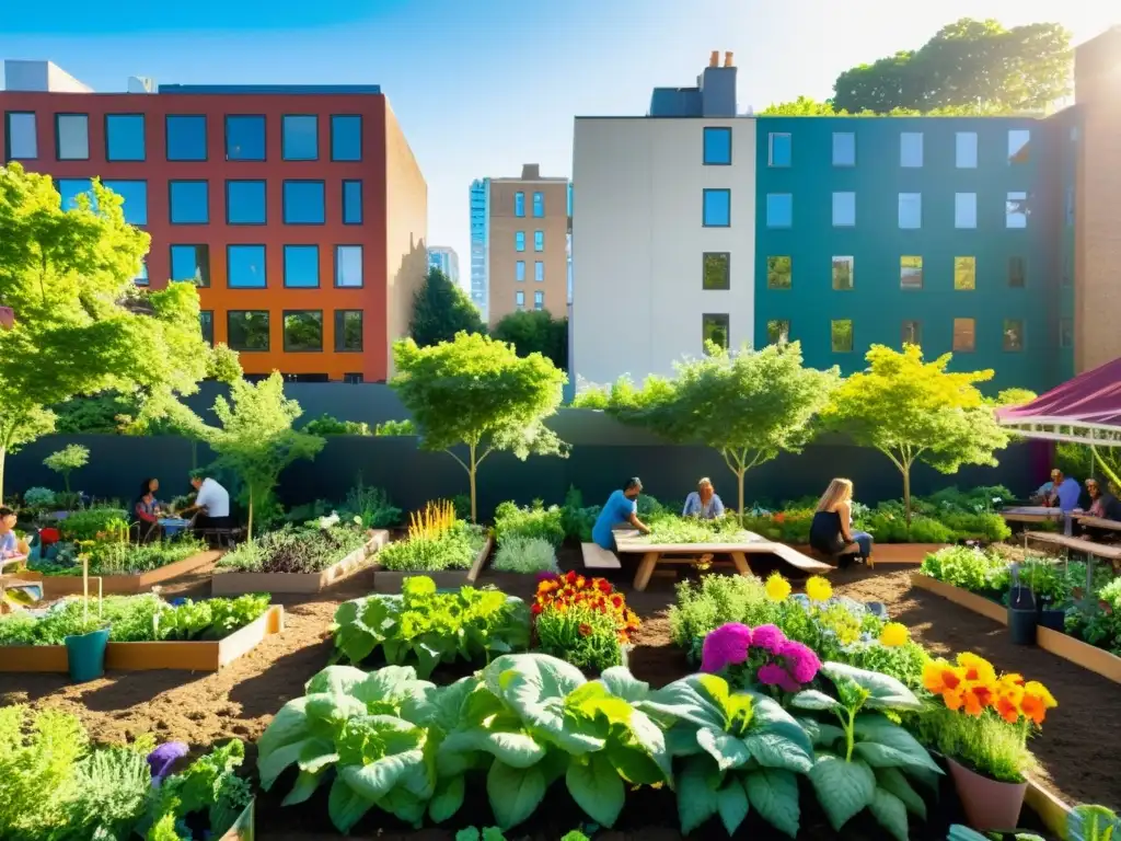 Un jardín comunitario vibrante en un barrio urbano, con personas diversas cultivando, compartiendo y disfrutando juntos