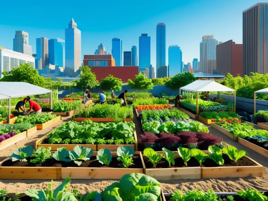 Un jardín comunitario vibrante en la ciudad, con agricultores urbanos y huertos rebosantes de coloridos productos