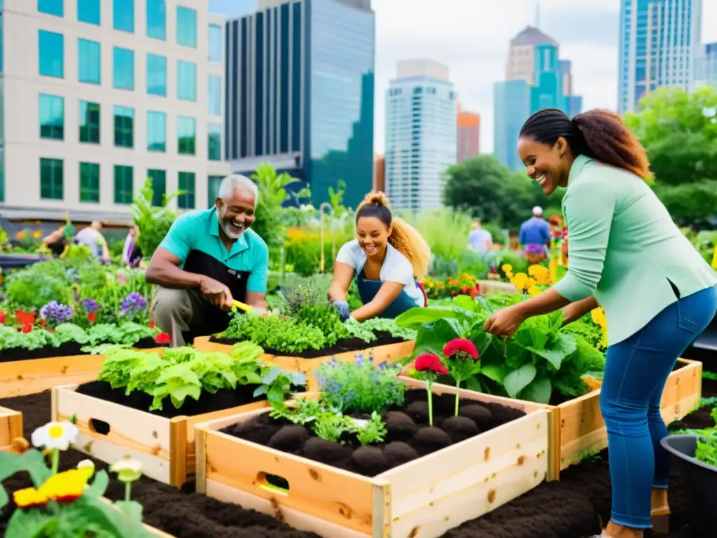 Un jardín comunitario vibrante en el corazón de la ciudad, con vegetación exuberante y flores coloridas en camas elevadas