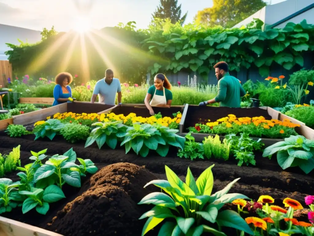 Un jardín comunitario vibrante con diversidad de plantas y personas aplicando compostaje