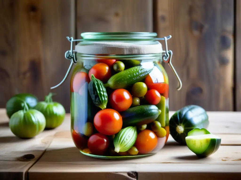 Conservas caseras de tomates y pepinos urbanos en un frasco de vidrio sobre mesa rústica