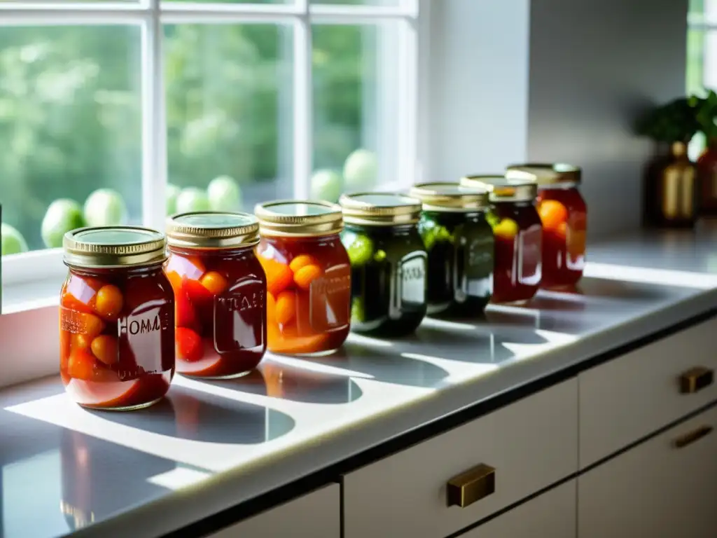 Conservas caseras de tomates y pepinos urbanos en una cocina moderna con estilo y creatividad culinaria