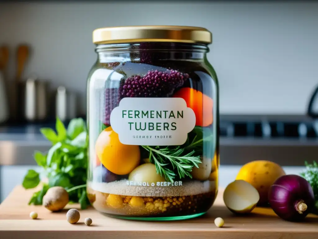 Conservas fermentadas de tubérculos urbanos en frasco de cristal rodeado de hierbas y especias en una cocina moderna con luz suave