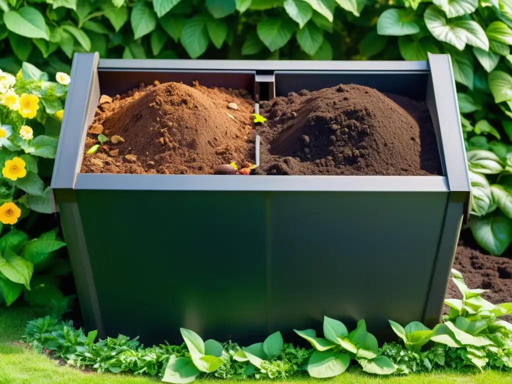 Un contenedor de compostaje casero rebosante de material compostado, rodeado de exuberantes plantas y flores vibrantes