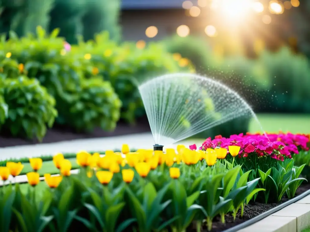 Control automatizado de riego y luz en jardín moderno, con eficiencia y armonía tecnológica y natural