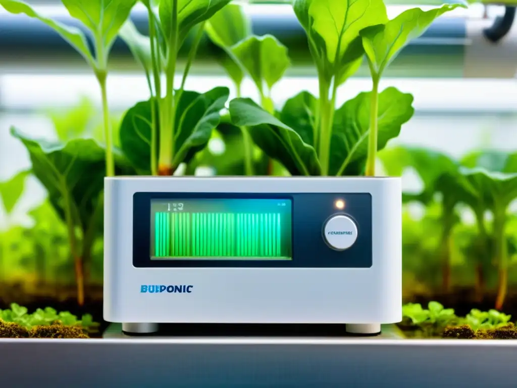 Control pH acuaponía cultivos urbanos: Medidor digital en tanque acuapónico con vegetación vibrante y equilibrio perfecto del agua