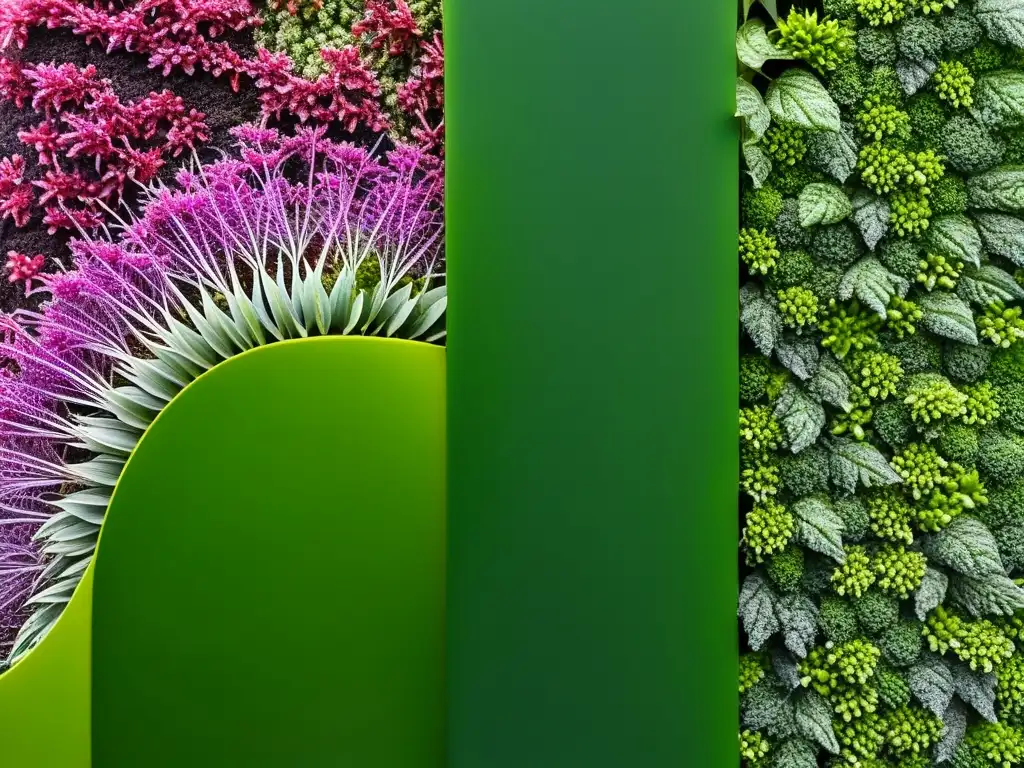 Control natural en huertos verticales: Detalles impactantes de plagas en un jardín vertical, contrastando con la exuberante vegetación