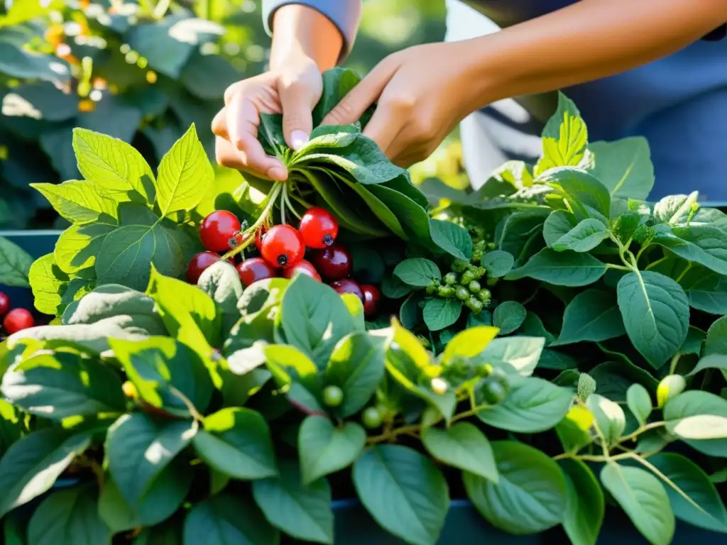 Una cosecha de antioxidantes en un huerto urbano, iluminada por el sol, evocando frescura y vitalidad