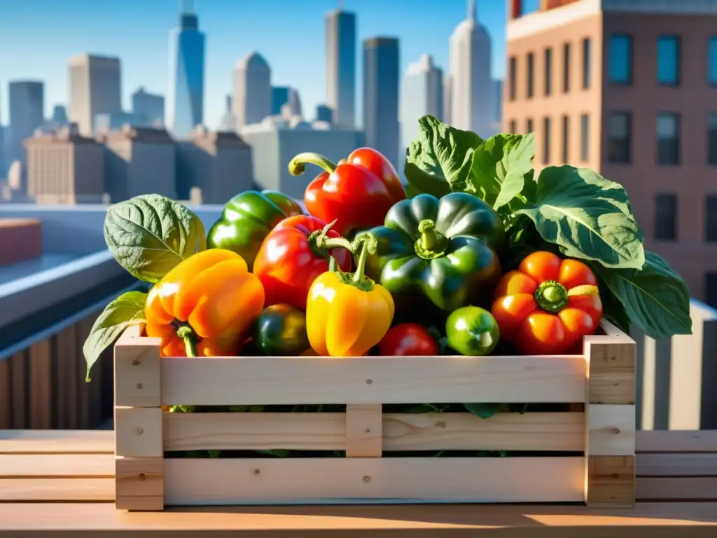 Una cosecha vibrante de vegetales en azotea, bañada por la luz dorada del sol urbano