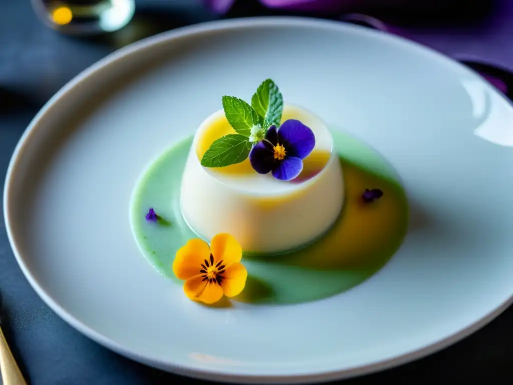 Un panna cotta de lavanda y hierbabuena con flores comestibles, en un plato blanco moderno, resaltando su textura sedosa y tono morado sutil