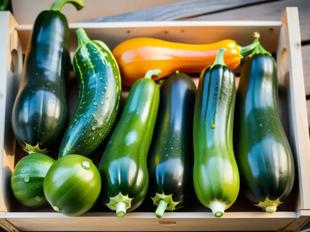 Crates rústicos con calabacines y calabazas recién cosechados, bañados por la luz natural