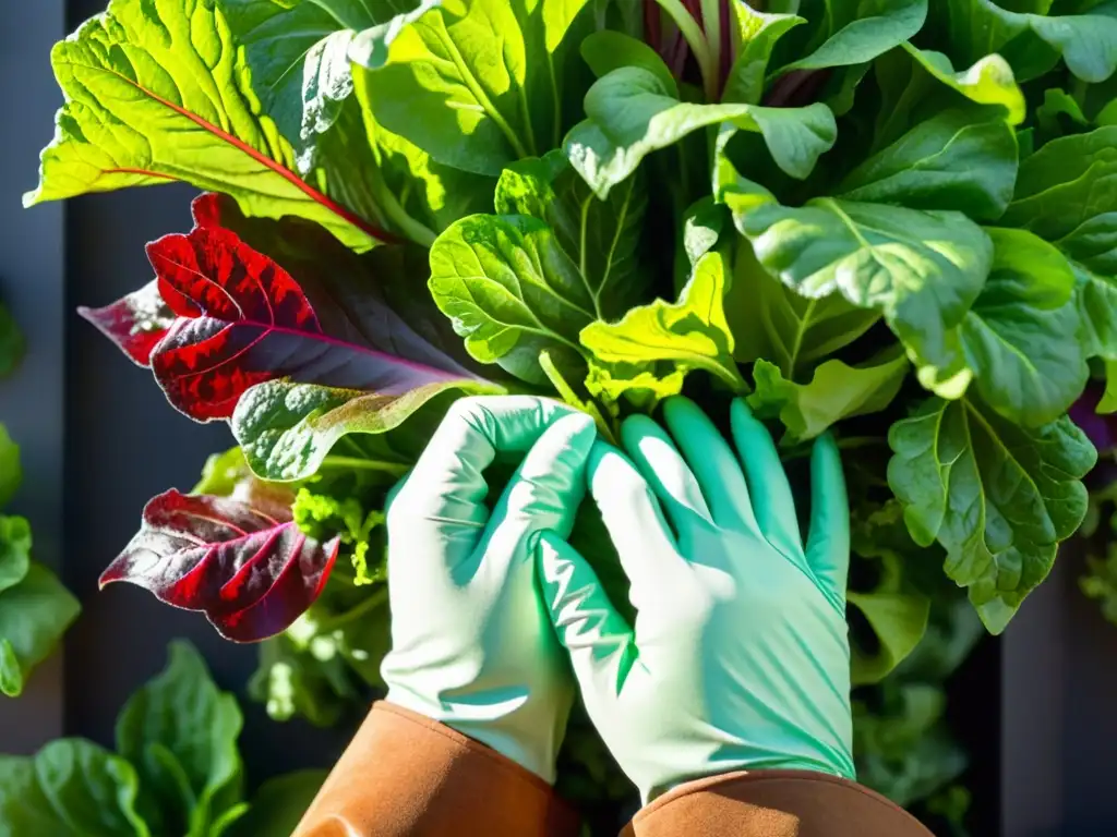 Con cuidado, manos con guantes cortan lechuga en huerto vertical urbano