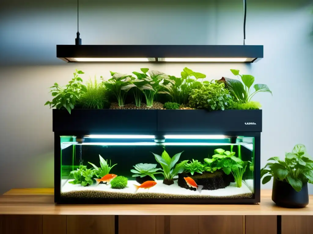 Cuidados esenciales para peces urbanos: Un moderno sistema de acuaponía integrado en un hogar urbano, con peces vibrantes y vegetación exuberante