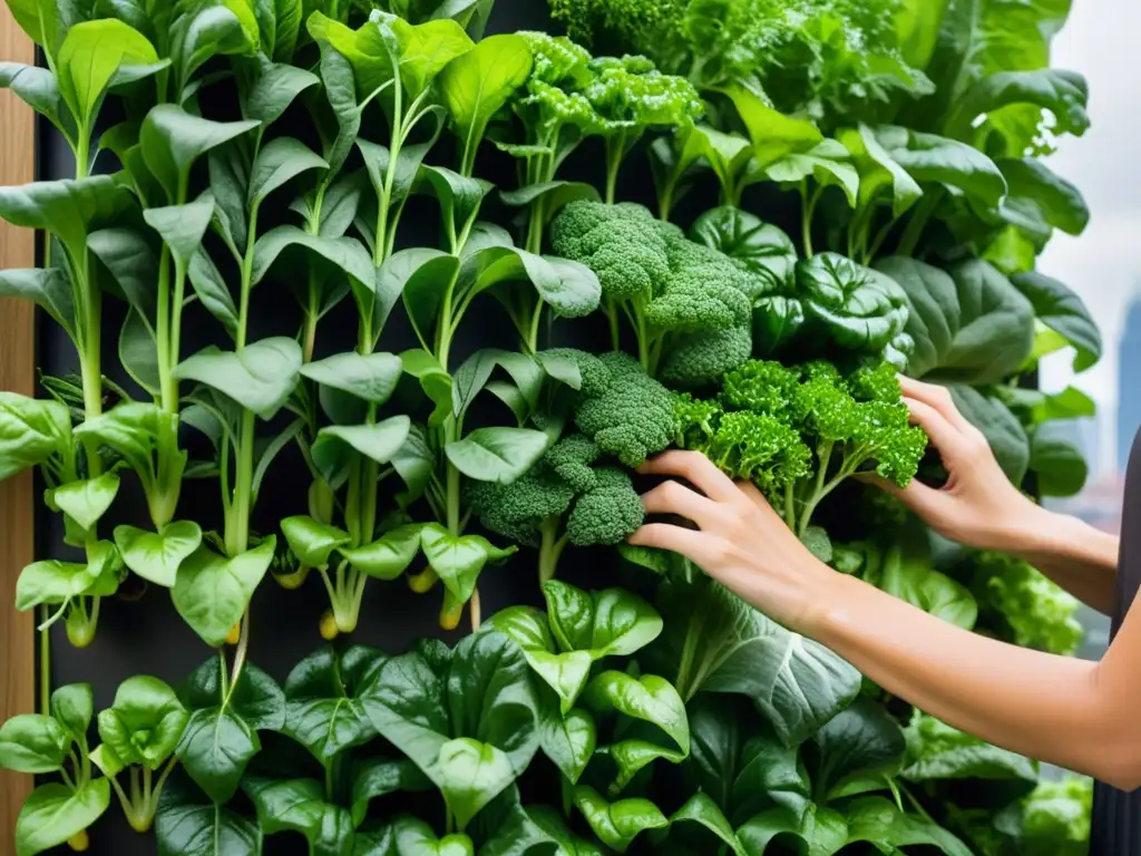 Un cuidadoso cultivo hortalizas huerto vertical urbano en un entorno urbano moderno