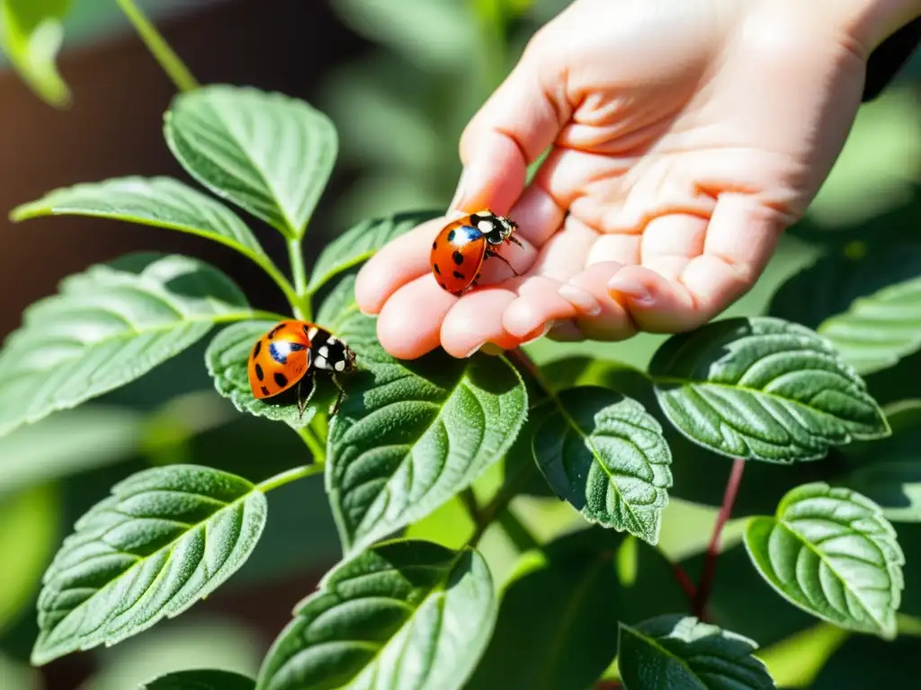 Un cuidadoso manejo ecológico de plagas urbanas: manos colocando mariquitas en plantas, creando un entorno natural en la ciudad