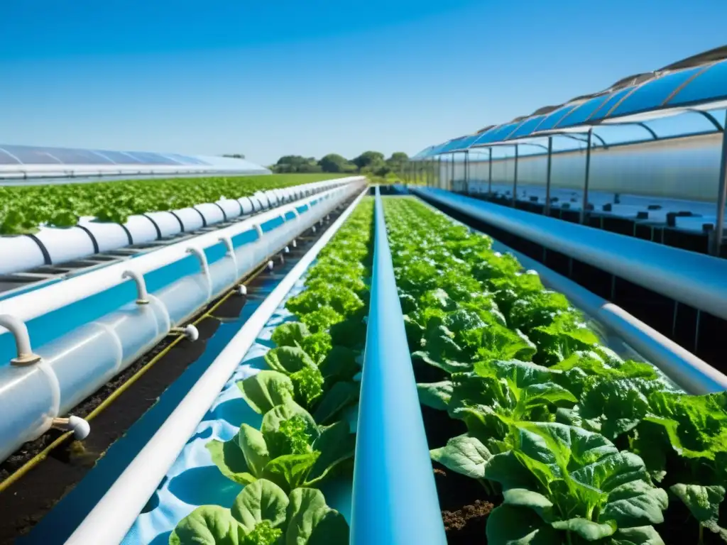 Un cultivo acuapónico exuberante y equilibrado bajo el sol, con lechugas verdes y tomates altos