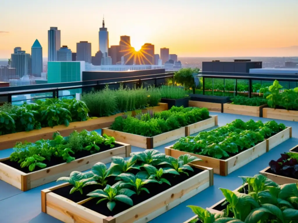 Cultivo de alimentos funcionales urbanos innovadores en un jardín de azotea moderno, bañado por el cálido resplandor del atardecer